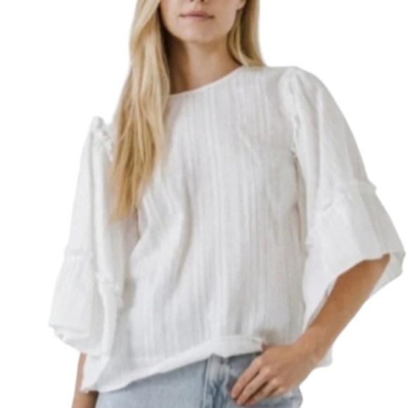 English Factory Tops - English Factory Womens Ruffle Wide Sleeve Top All Over Stripe Linen White Sz XS
